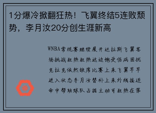 1分爆冷掀翻狂热！飞翼终结5连败颓势，李月汝20分创生涯新高